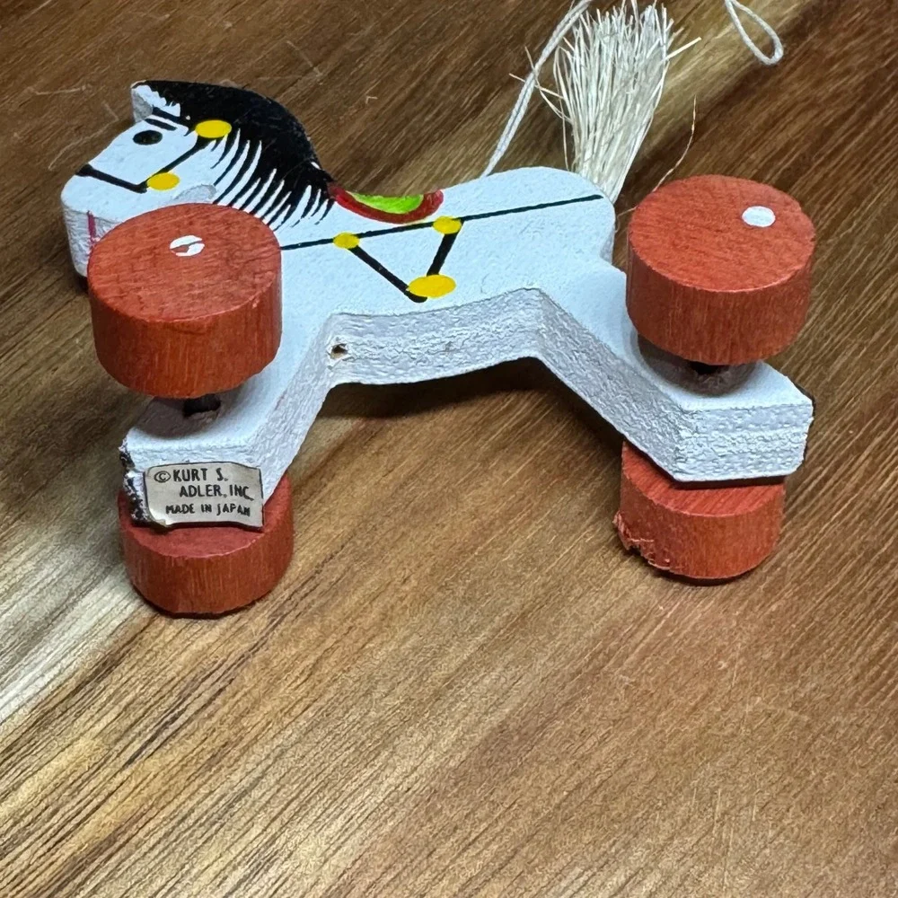 Vintage Kurt S Adler Wooden Horse Pull Toy Ornament Japan Painted White Orange